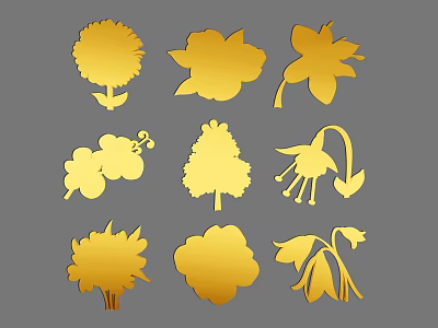 Golden Plant Silhouettes Including Floral And Tree Shapes For Decorative Design 3d model