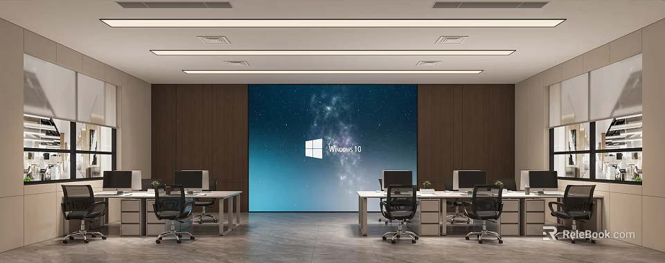 Modern Public Office Space With Starry Sky Backdrop Windows 10 Logo Desks Computers Office Chairs 3d model 