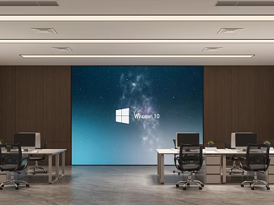 Modern Public Office Space With Starry Sky Backdrop Windows 10 Logo Desks Computers Office Chairs 3d model