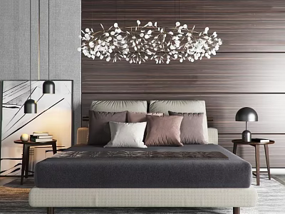 Modern Double Bed With Wooden Wall Background Flower Shaped Chandelier Nightstands Table Lamps And Pillows 3d model