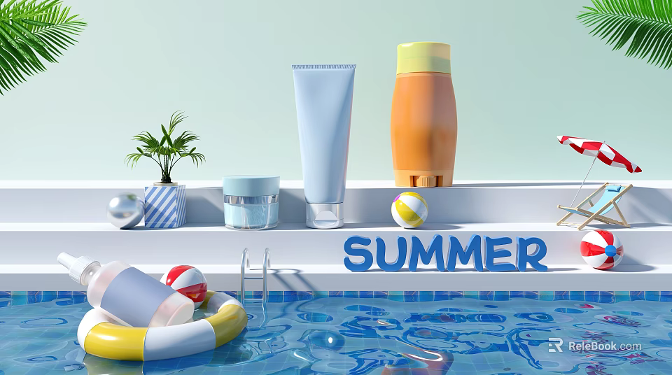 Summer Poolside Scene With Sunscreen Bottles Swim Ring And Beach Ball 3d model 