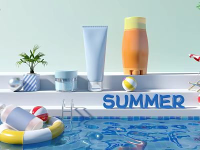 Summer Poolside Scene With Sunscreen Bottles Swim Ring And Beach Ball 3d model