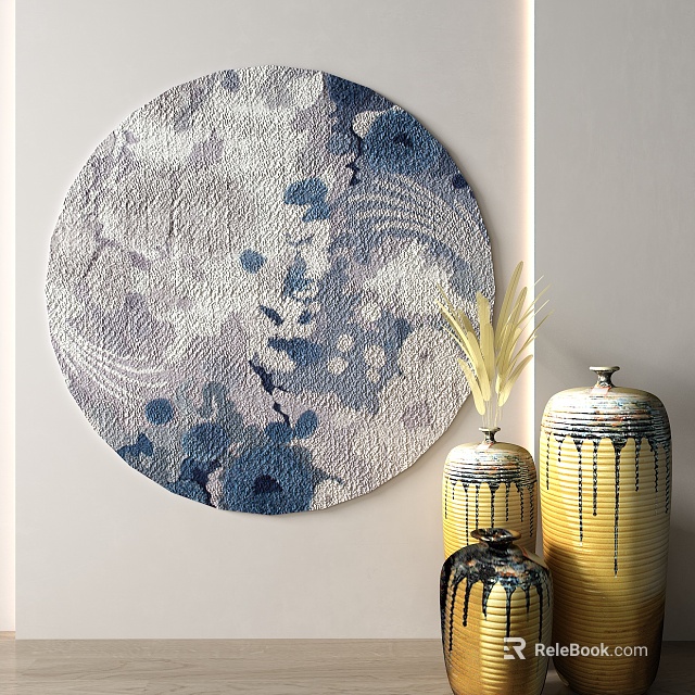 Blue and White Ink Pattern Round Rug with Yellow Decorative Vases in Interior Decor 3d model 