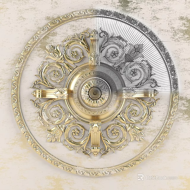 Ornate Golden Circular Ceiling Light Plate With Classic Design And Intricate Decorative Patterns 3d model 