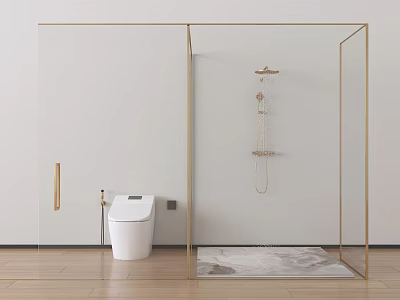 Elegant Gold Shower Head In Modern Glass Shower Room With White Toilet And Wood Floor 3d model