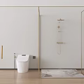Elegant Gold Shower Head In Modern Glass Shower Room With White Toilet And Wood Floor