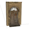 Vintage Entrance Door With Brick Wall Arched Window And Wooden Panel