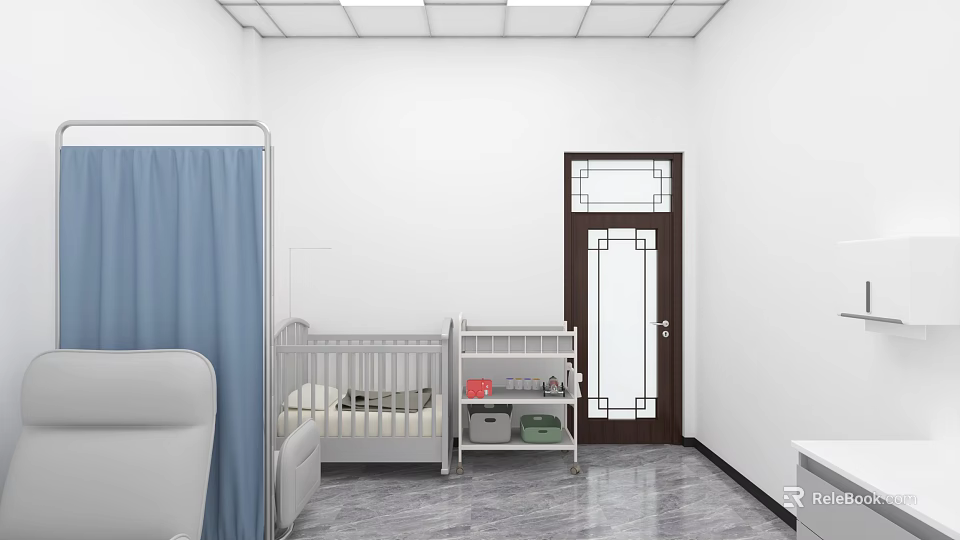 Nursery Room With Baby Crib Blue Curtain Brown Door White Walls And Gray Floor 3d model 