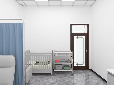 Nursery Room With Baby Crib Blue Curtain Brown Door White Walls And Gray Floor 3d model