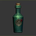 Green Decorative Glass Bottle With Wooden Cork Body Emblem And Red Accent As Household Item