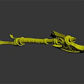 Ornate Decorative Axe With Red Wrapped Handle And Intricate Metal Carvings