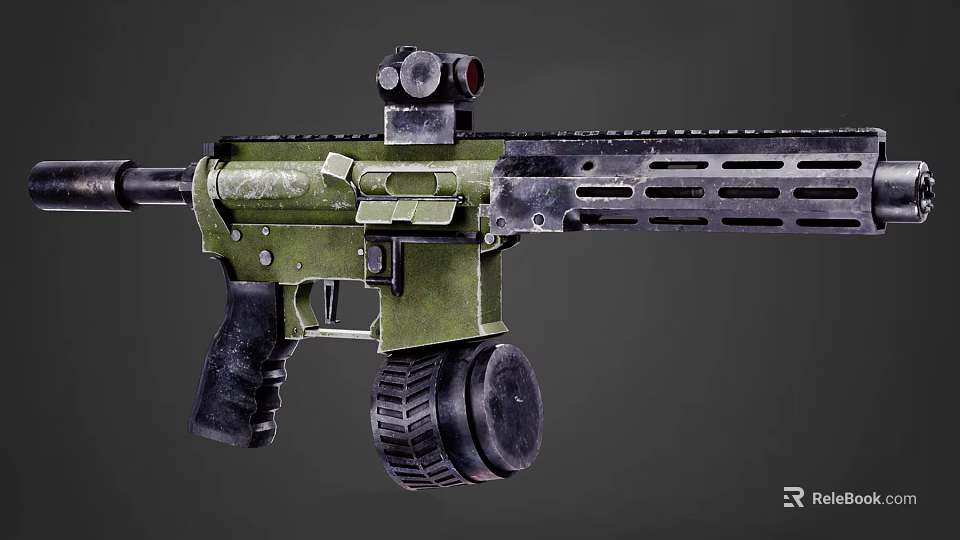 Modern Combat Rifle With Green Design Top Mounted Scope Drum Magazine And Ventilated Barrel 3d model 