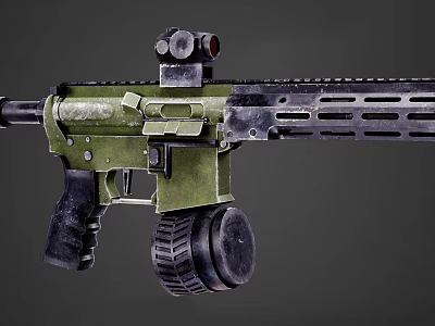 Modern Combat Rifle With Green Design Top Mounted Scope Drum Magazine And Ventilated Barrel 3d model