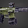 Modern Combat Rifle With Green Design Top Mounted Scope Drum Magazine And Ventilated Barrel