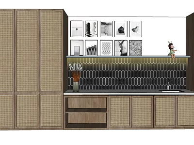 Wooden Kitchen Cabinets with Decorative Paintings Vase and Hexagon Tile Backsplash 3d model