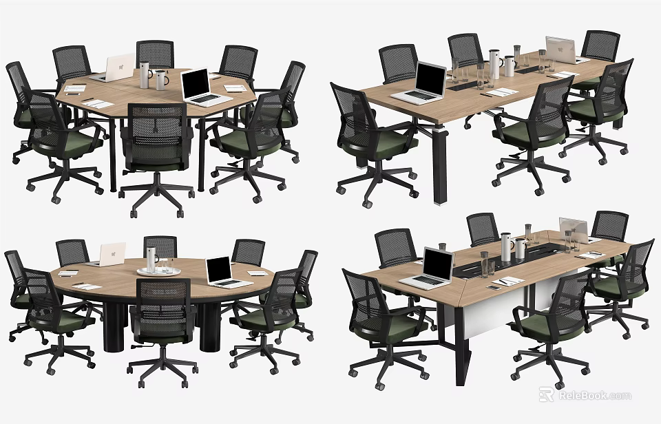 Round and Rectangular Conference Tables With Black Office Chairs Laptops and Water Cups 3d model 