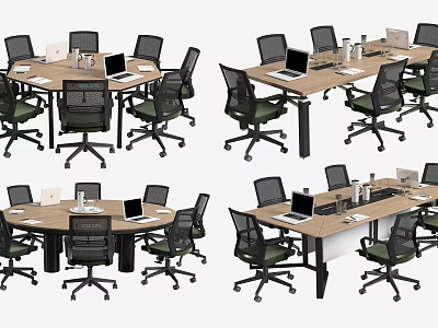 Round and Rectangular Conference Tables With Black Office Chairs Laptops and Water Cups 3d model