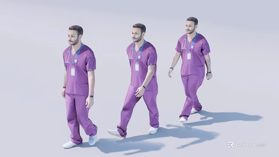 Three Men Walking as Healthcare Professionals in Purple Medical Scrubs with Lanyard IDs 3d model 