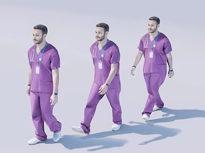 Three Men Walking as Healthcare Professionals in Purple Medical Scrubs with Lanyard IDs 3d model