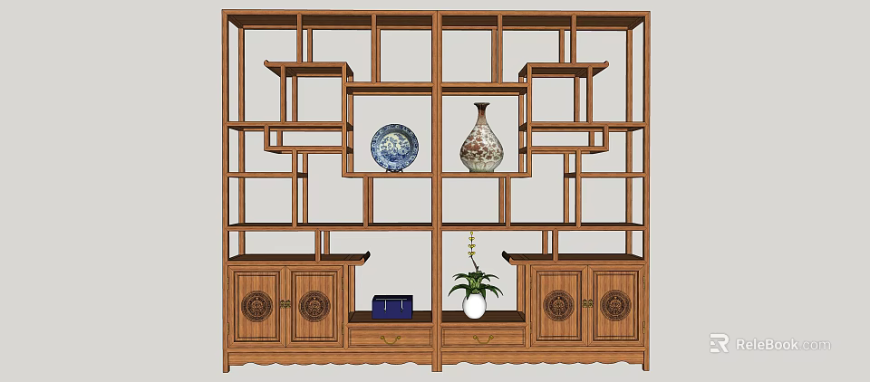Traditional Chinese Wooden Bogu Shelf with Multi Tiered Compartments Vases Box and Potted Plant 3d model 