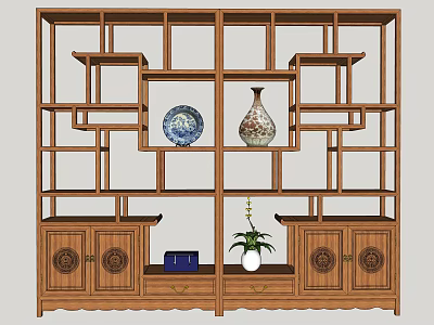 Traditional Chinese Wooden Bogu Shelf with Multi Tiered Compartments Vases Box and Potted Plant 3d model