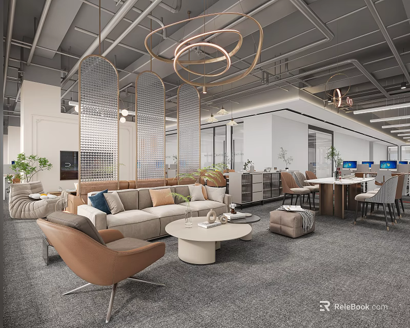 Elegant Modern Public Office Area With Cozy Lounge Seating And Spacious Functional Open Working Zones 3d model 