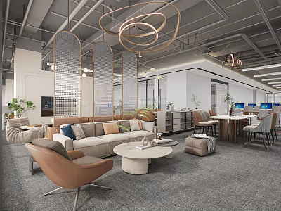 Elegant Modern Public Office Area With Cozy Lounge Seating And Spacious Functional Open Working Zones 3d model
