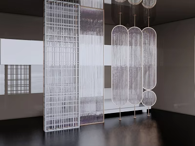 Stylish Modern Interior Partition With Transparent Grid And Hanging Decorative Panels 3d model