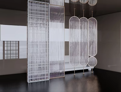 Stylish Modern Interior Partition With Transparent Grid And Hanging Decorative Panels 3d model