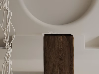 Modern Walnut Wood Side Table In Minimalist Interior With Sleek Design And White Wall Background 3d model