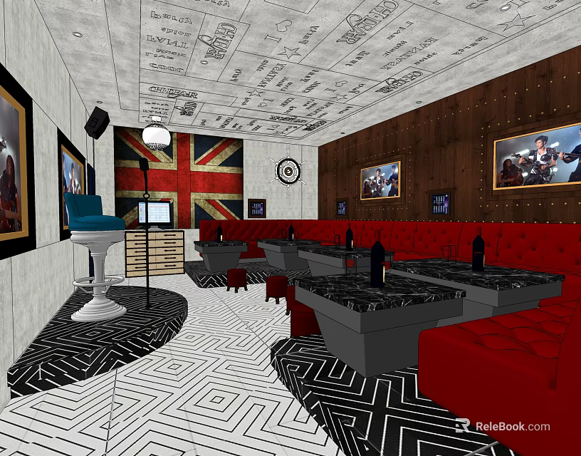 KTV Lounge with Red Sofas Black White Geometric Floor Union Jack Decor and Wall 3d model 