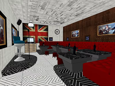 KTV Lounge with Red Sofas Black White Geometric Floor Union Jack Decor and Wall 3d model