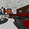 KTV Lounge with Red Sofas Black White Geometric Floor Union Jack Decor and Wall