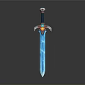 Fantasy Sword Weapon with Blue Blade Ornate Hilt and Gemstone Decoration