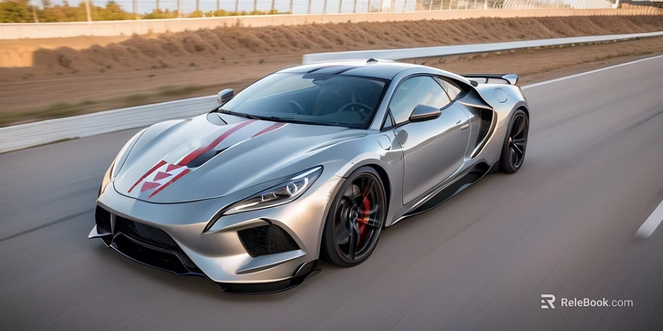 Silver Sports Car with Red Stripes Driving on Race Track Sleek Body Design 3d model 