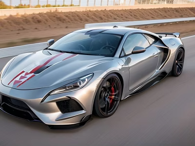 Silver Sports Car with Red Stripes Driving on Race Track Sleek Body Design 3d model