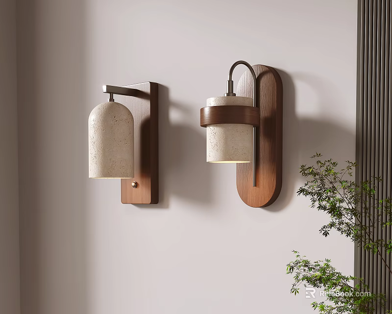 Modern Wall Lamps With Wooden Base And Textured Ceramic Shade In Interior Space With Green Plant 3d model 
