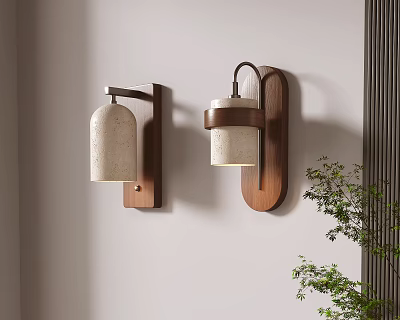Modern Wall Lamps With Wooden Base And Textured Ceramic Shade In Interior Space With Green Plant 3d model