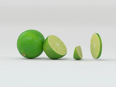 Fresh Green Limes With Whole Fruit And Sliced Segments On White Background 3d model