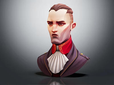 3D Rendered Male Character Bust With Brown Hair Dark Coat Red Cravat White Ruffled Collar 3d model