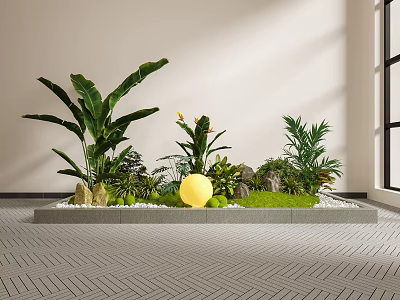 Indoor Garden Decorative Arrangement With Various Plants Rocks Grass And Yellow Sphere On Tile Floor 3d model