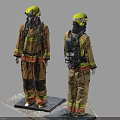 Firefighter Mannequins In Front And Back View With Protective Uniform Yellow Helmet And Breathing Apparatus