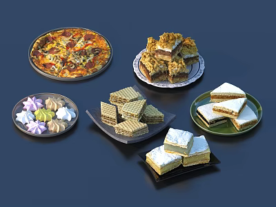 Colorful Delicious Assorted Food Platter With Pizza Cake Slices Waffles Macarons And Desserts 3d model