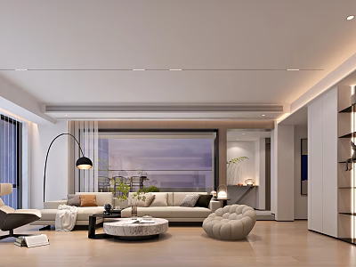 Modern Living Room Interior Design With Large Window Sofa Round Coffee Table And Curved Chair 3d model