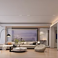 Modern Living Room Interior Design With Large Window Sofa Round Coffee Table And Curved Chair