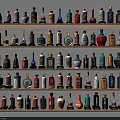 Wine Bottles and Glasses with Various Colors Shapes Neatly Arranged on Multi Layered Shelves