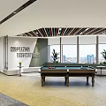 Modern Leisure Area With Innovation Sign Billiard Tables Green Plants And Pendant Lights
