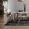 Modern Dining Room Interior With Wooden Dining Table Chairs Woven Pendant Light Striped Abstract Art