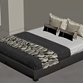 Double Bed with Dark Brown Frame White Mattress Patterned Throw Blanket and Black Beige Pillows