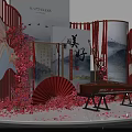 Chinese Style Photo Check In Spot With Red Screens Landscape Paintings Red Fans And Bench